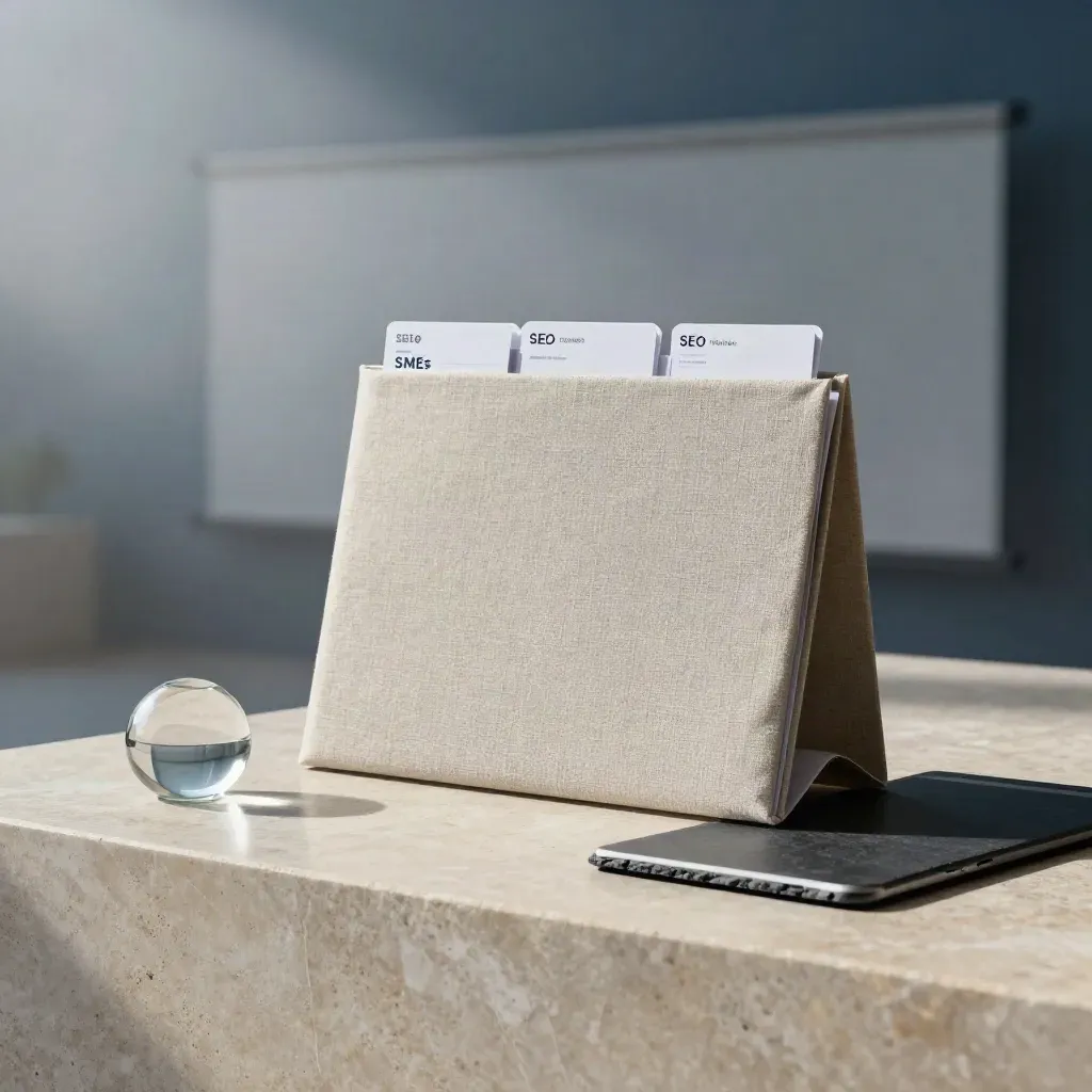 Lokale SEO-scan bundel met map, tabbladen, glazen paperweight en gesloten tablet op kalksteen.